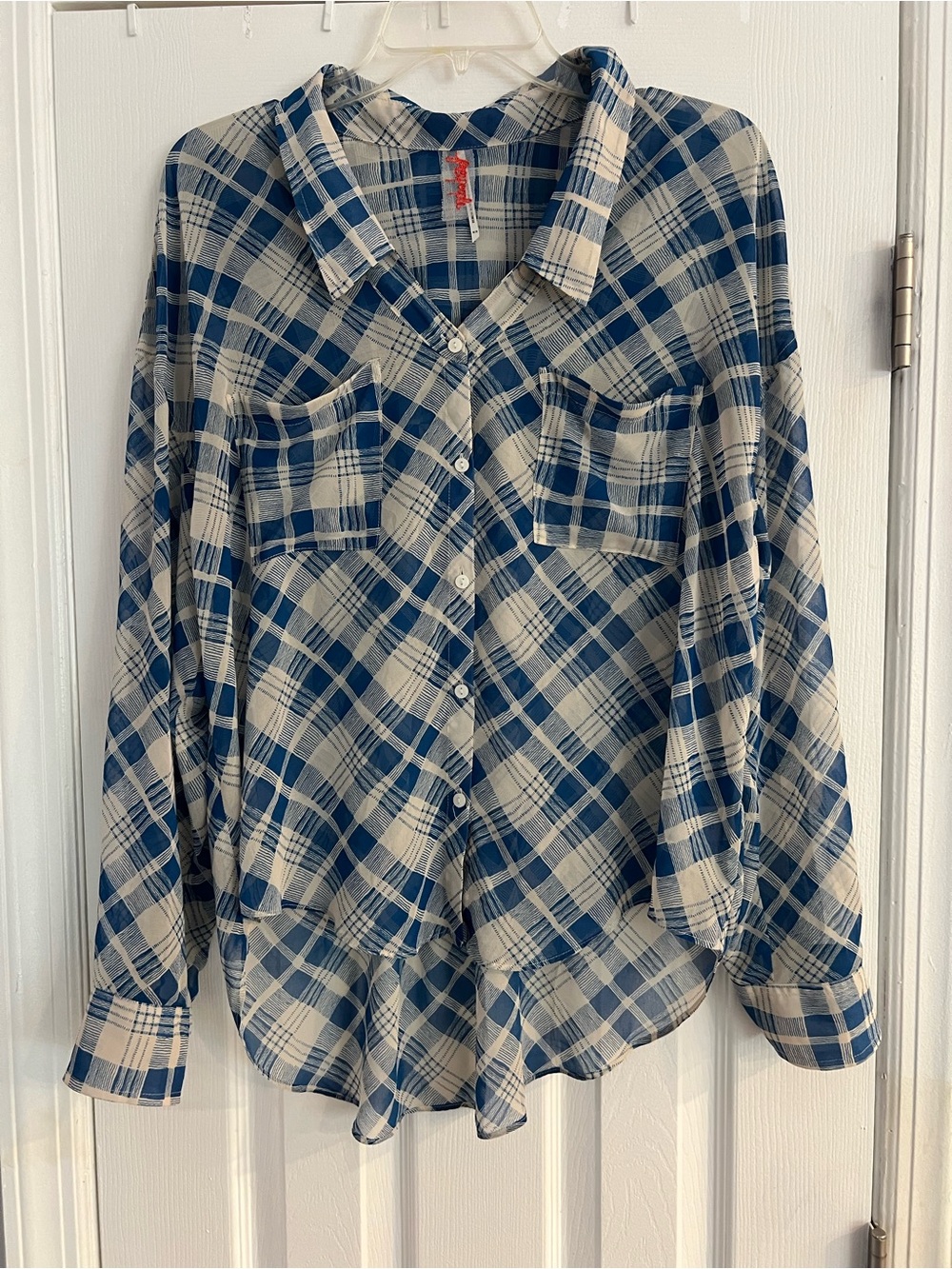 Free People Blue and Cream Plaid Shirt with Red Logo Detail